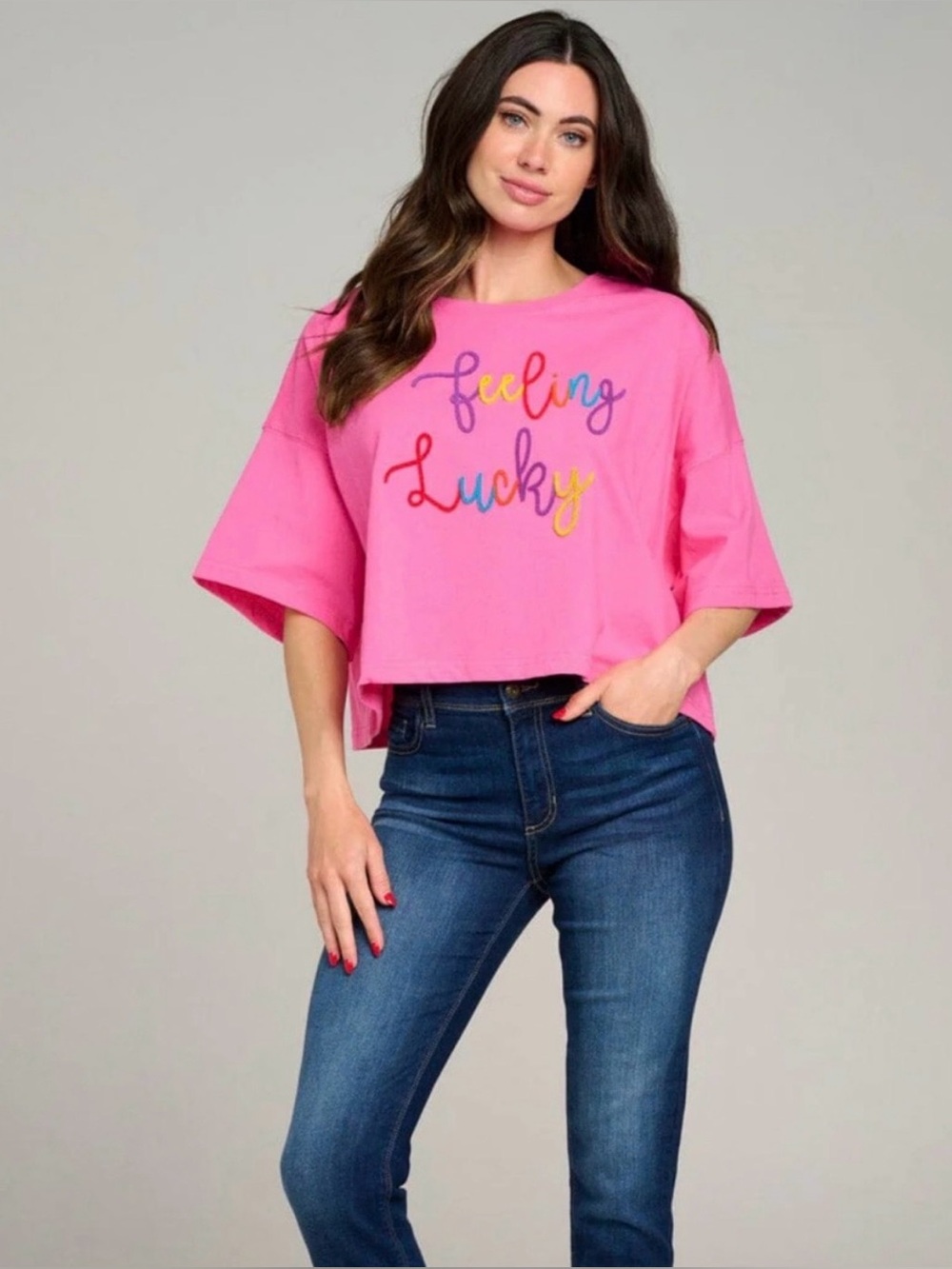 NWOT Feeling Lucky Pink Cropped Tee Size M